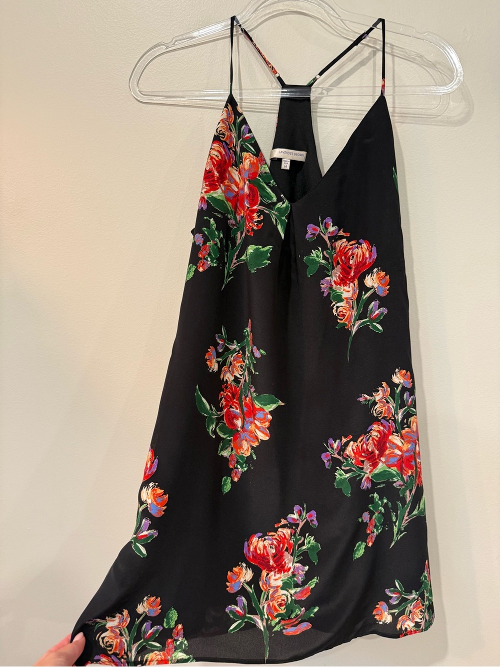 Lavender Brown 100% Silk Black Slip Dress with Red & Green Floral Print 90s
